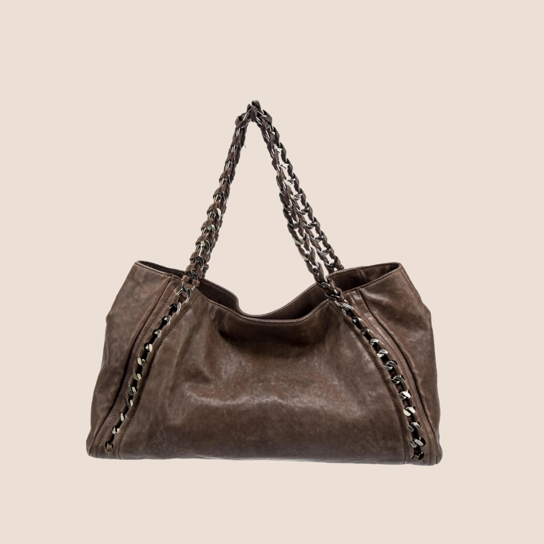 CHANEL 2005 BROWN LEATHER CHAIN EAST WEST TOTE BAG
