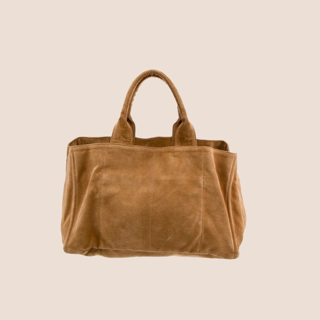 PRADA BROWN SCAMOSCIATO SUEDE EMBOSSSED LOGO TOTE