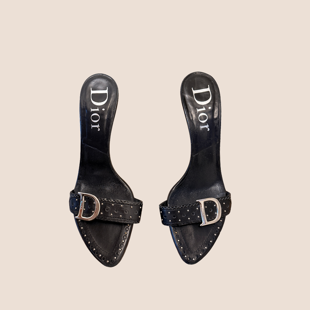 CHRISTIAN DIOR 2001 BLACK STUDDED STRAP MULES – RDB