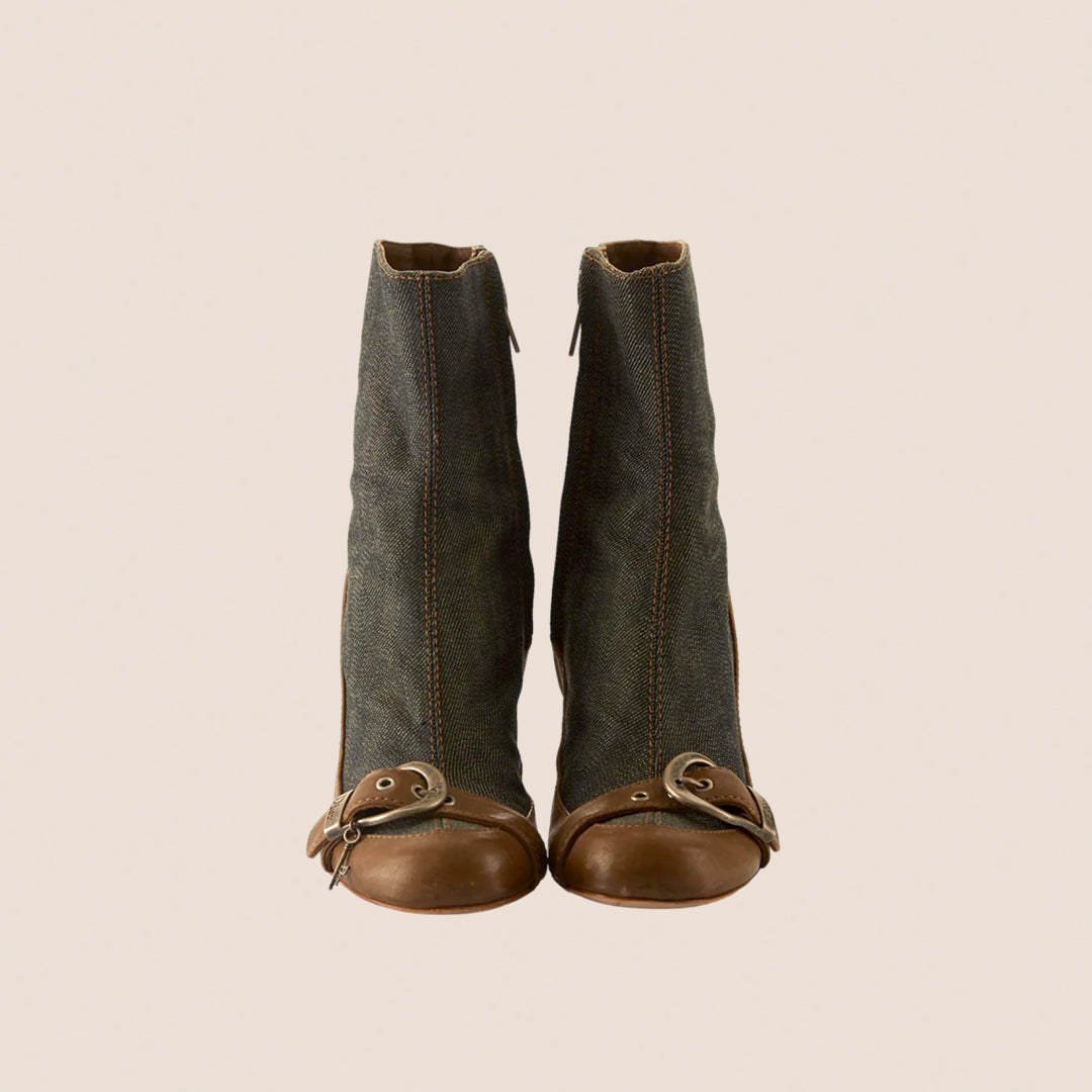 CHRISTIAN DIOR DENIM BROWN LEATHER BUCKLE BOOTS