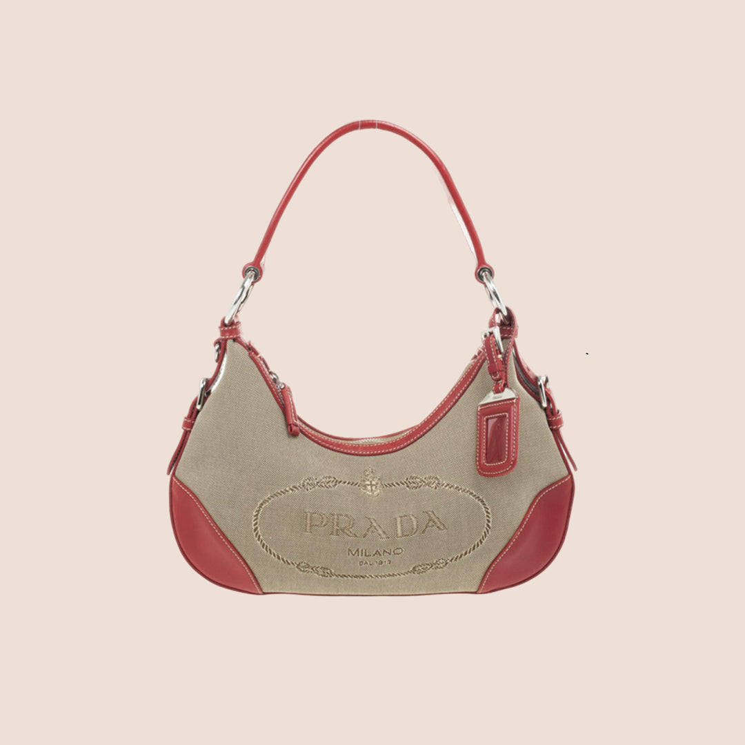PRADA JACQUARD LOGO RED LEATHER TRIM SHOULDER BAG – RDB