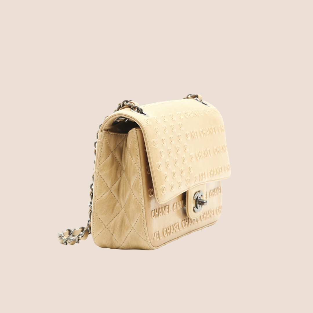 CHANE BEIGE LAMBSKIN EMBOSSED PARIS-DALLAS FLAP BAG