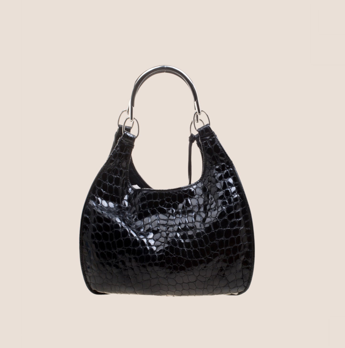 CHRISTIAN DIOR BLACK CROC EMBOSSED PATENT LEATHER TOTE BAG