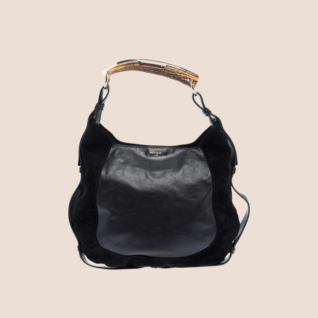 YVES SAINT LAURENT BLACK SUEDE STUDDED MOMBASA HOBO BAG