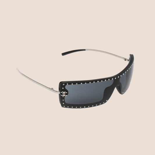 CHANEL BLACK CRYSTAL EMBELLISHED SHIELD SUNGLASSES