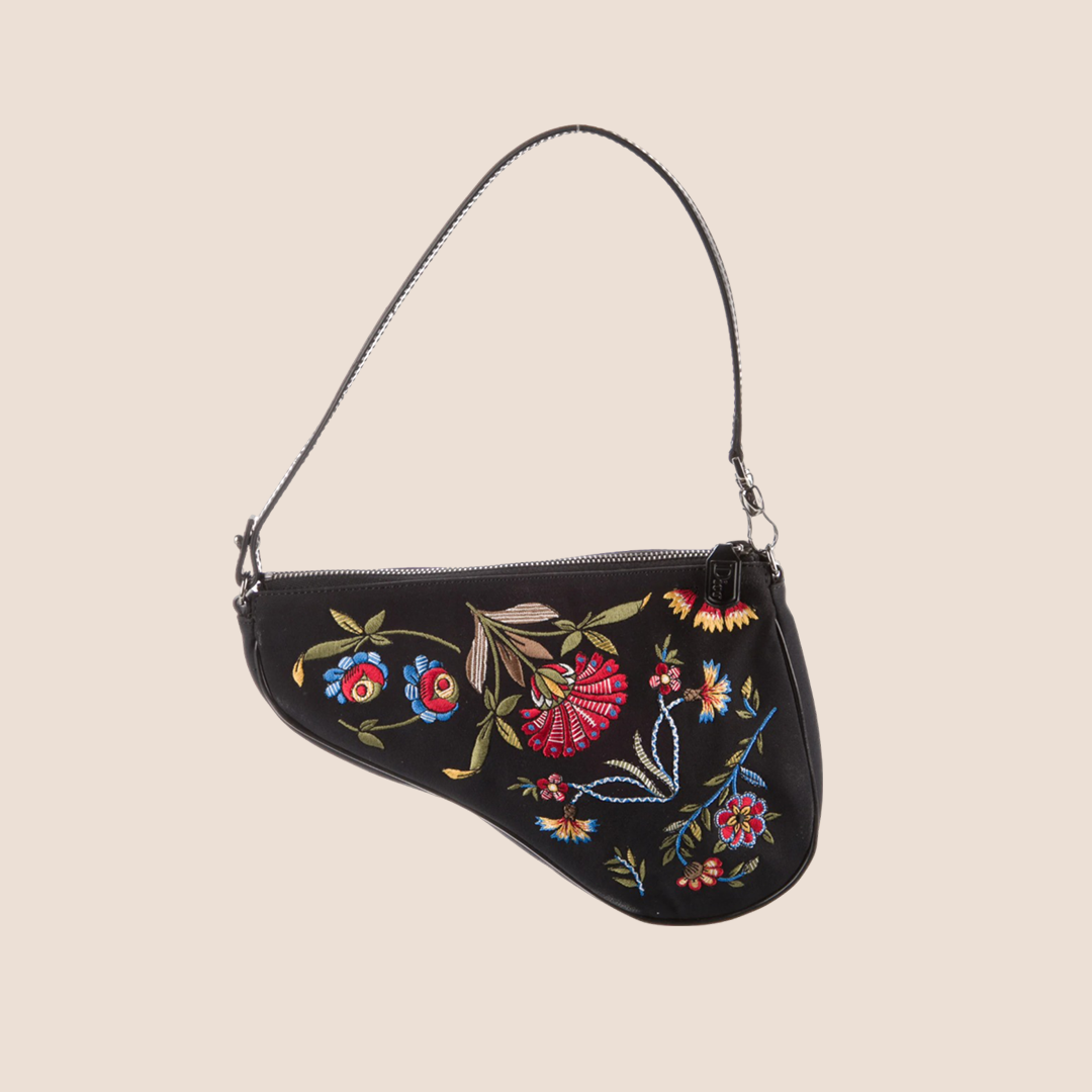 CHRISTIAN DIOR 2002 FLORAL EMBROIDERED BLACK MINI SADDLE BAG