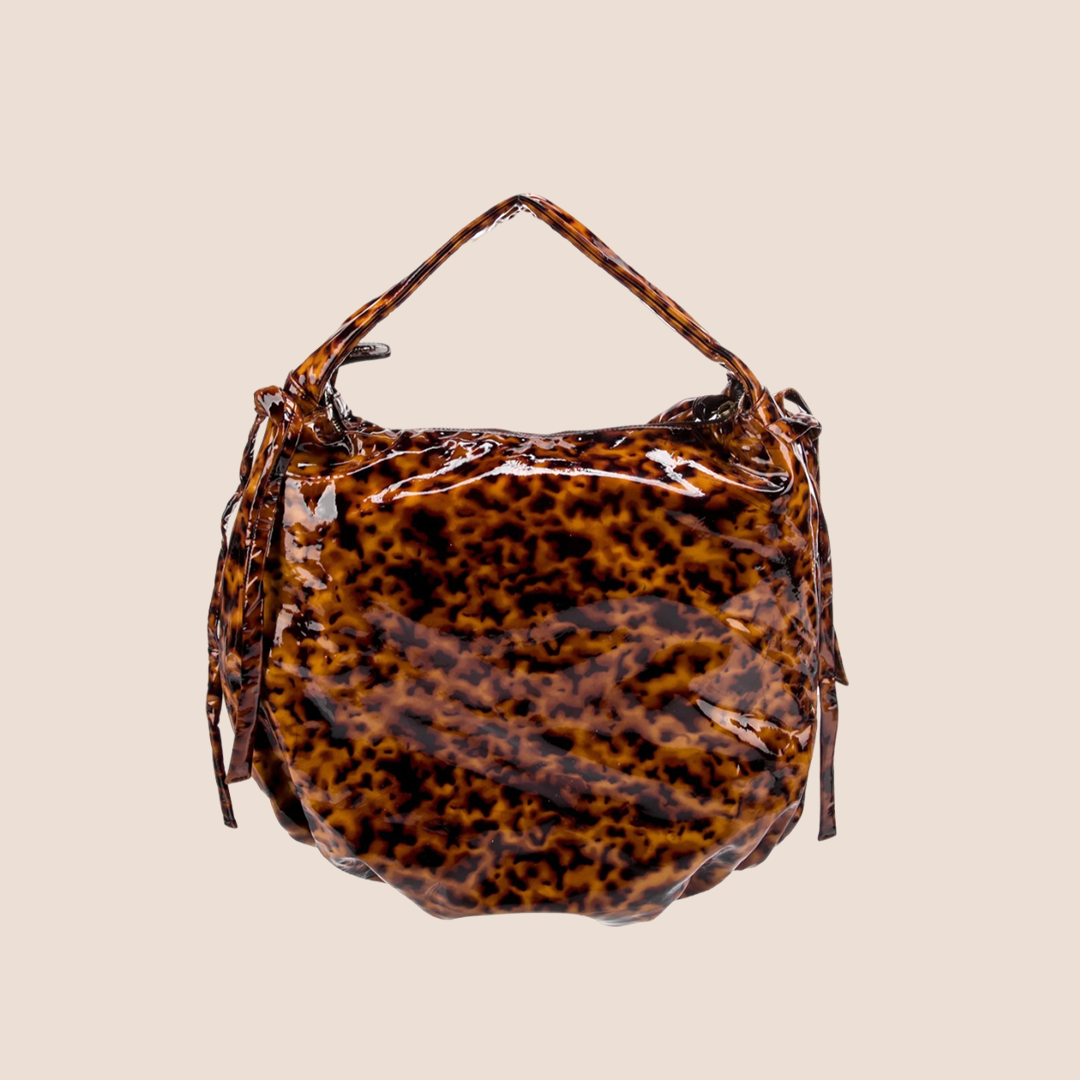 GUCCI BROWN PATENT LEATHER HYSTERIA HOBO BAG