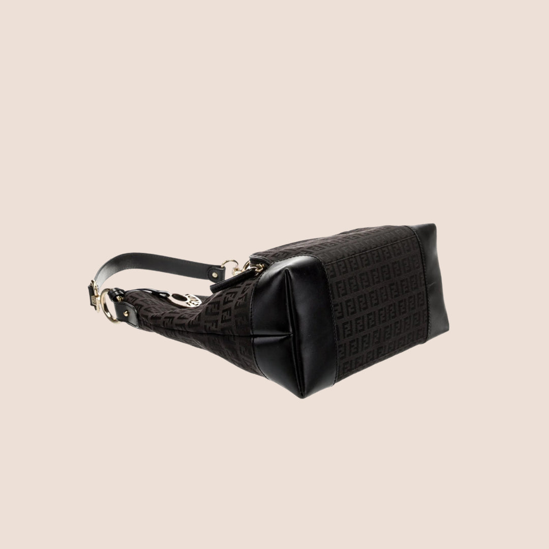 FENDI 2005 BLACK LEATHER TRIM ZUCCHINO HOBO BAG