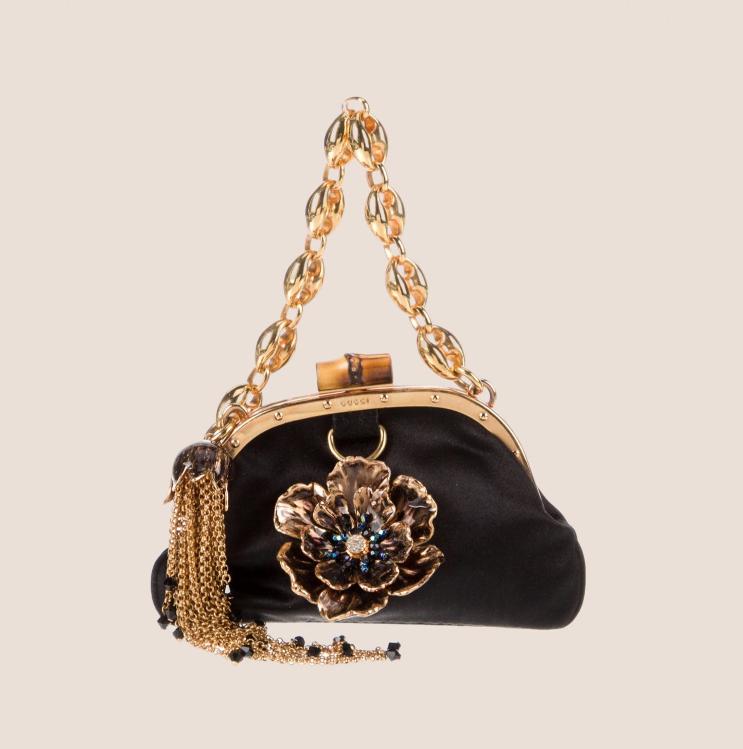 GUCCI BLACK SATIN FLOWER EMBELLISHED BAMBOO LOCK MINI CHAIN CLUTCH