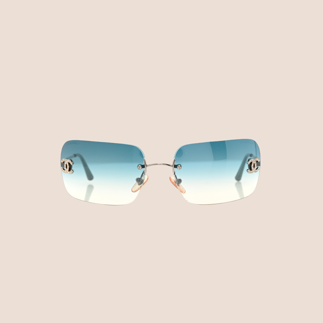 CHANEL 90s CRYSTAL BLUE CC LOGO RIMLESS SUNGLASSES