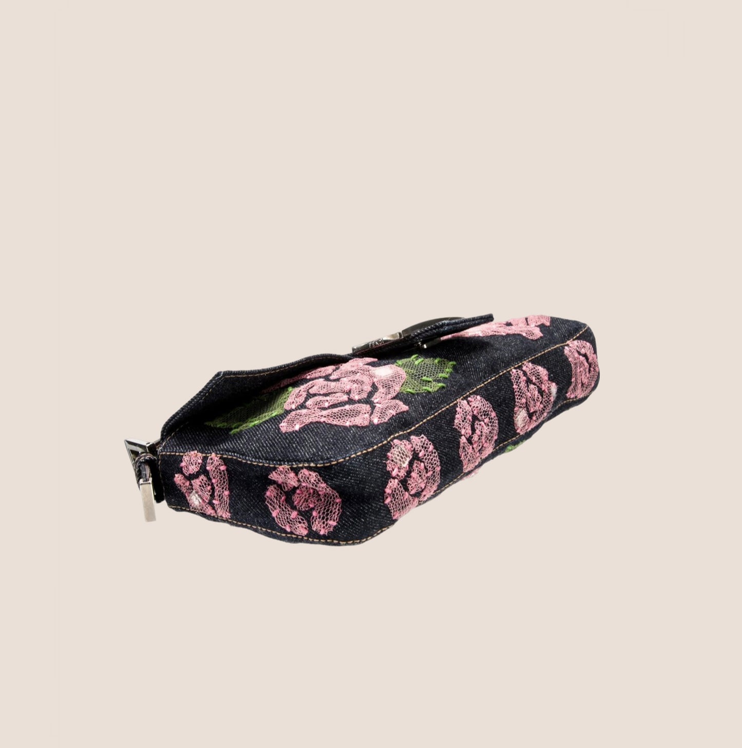 FENDI DENIM FLORAL EMBELLISHED BAGUETTE BAG