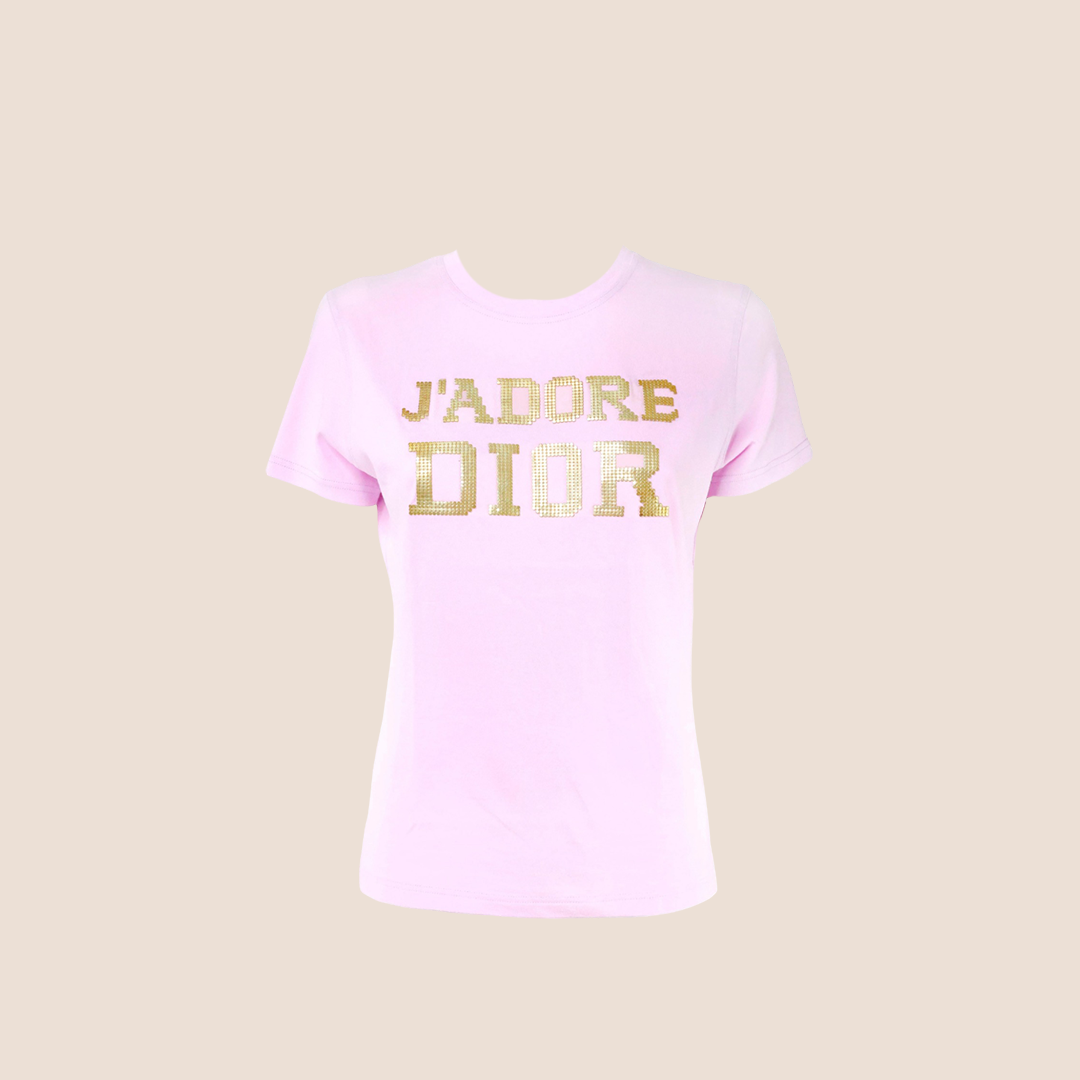 CHRISTIAN DIOR PINK & GOLD "J'ADORE DIOR" METAL LOGO T-SHIRT