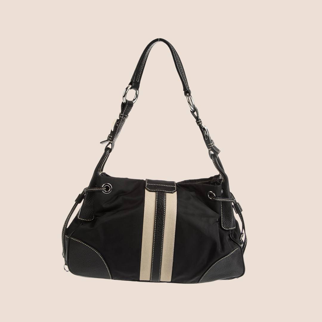 PRADA 2000 VITELLO LEATHER & NYLON STRIPE HOBO BAG