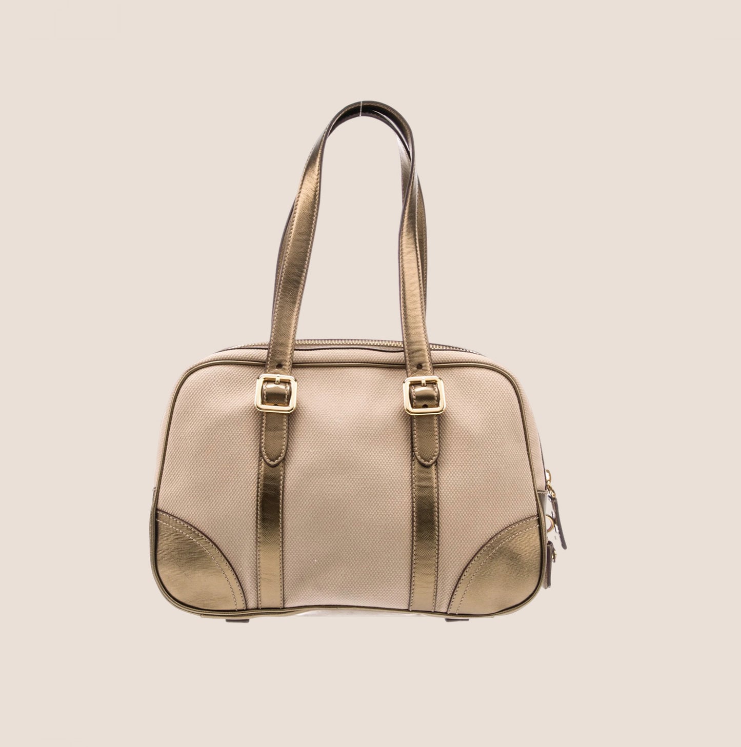 PRADA SAFFIANO TRIMMED GOLD BOWLING BAG