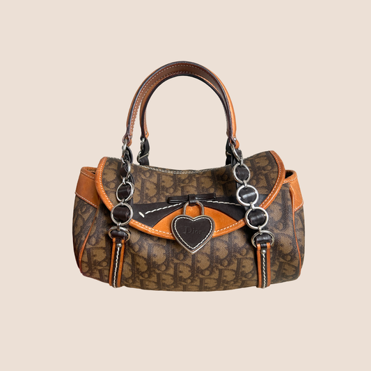 CHRISTIAN DIOR BROWN ROMANTIQUE MINI HEART CHARM HANDBAG