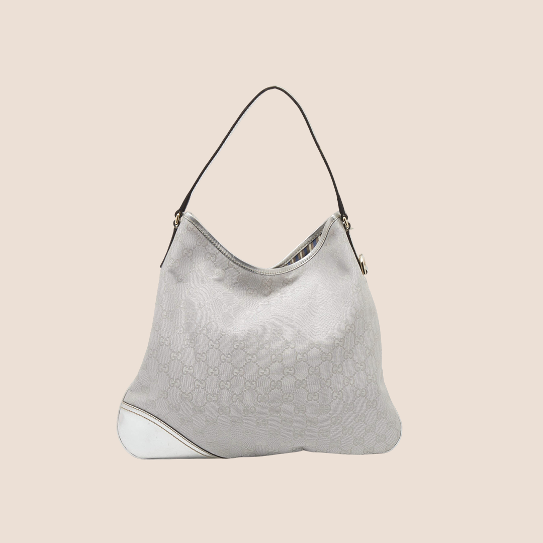 GUCCI 2000 SILVER METALLIC MONOGRAM CANVAS BRITT HOBO BAG