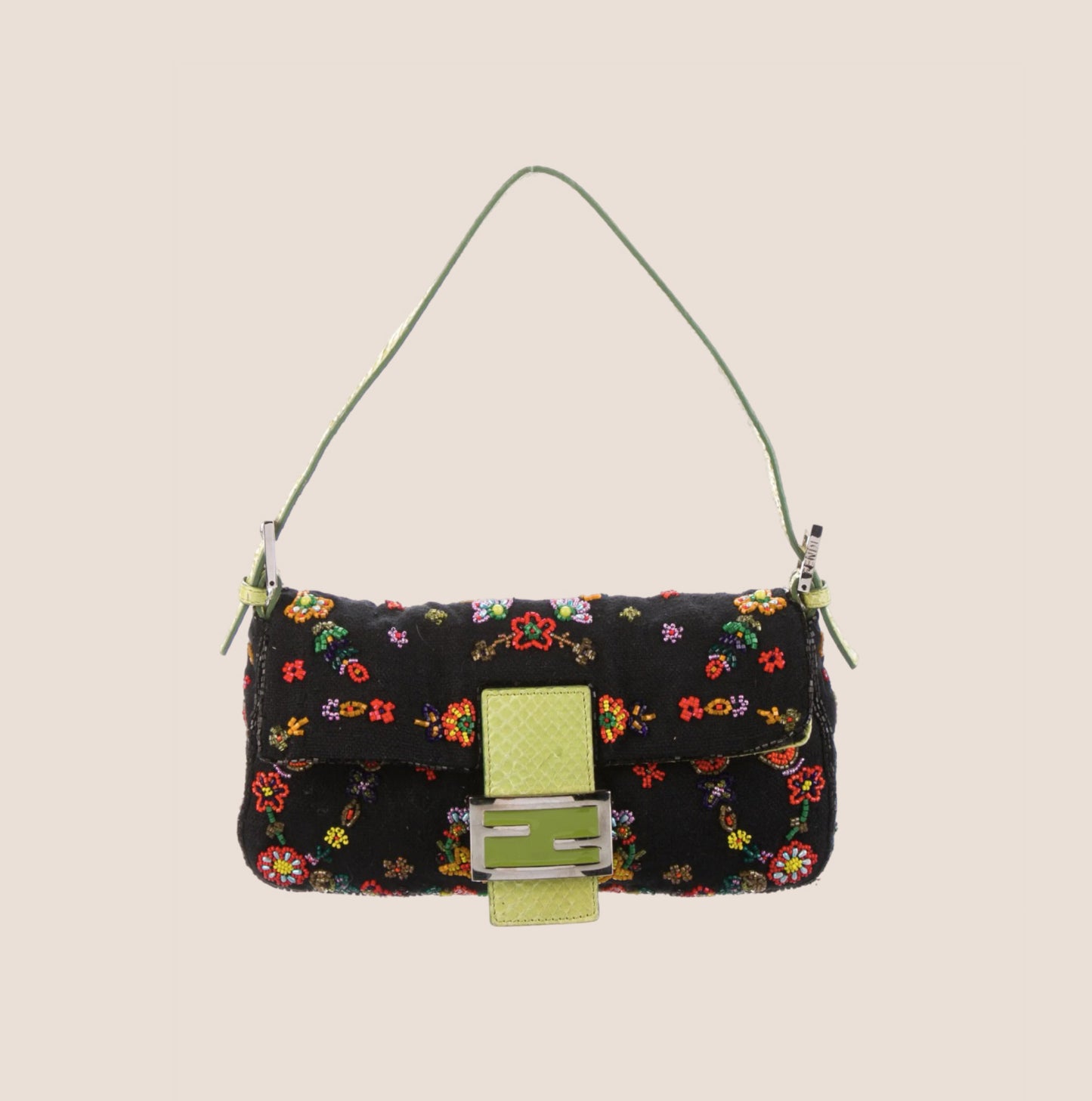 FENDI BLACK FLORAL BEADED BAGUETTE BAG