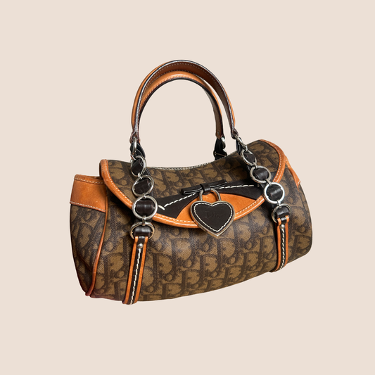 CHRISTIAN DIOR BROWN ROMANTIQUE MINI HEART CHARM HANDBAG