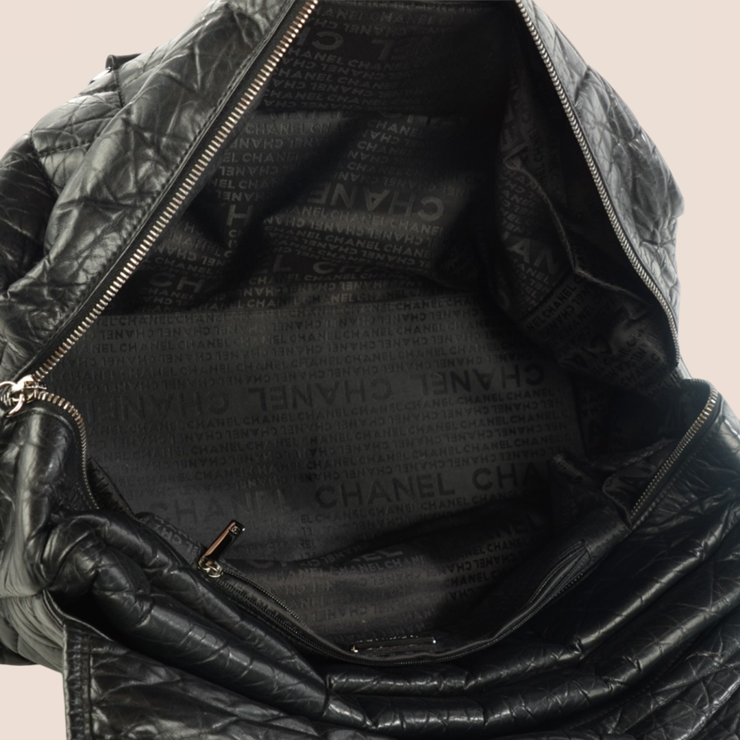 CHANEL BLACK DISTRESSED QUILTED LADY BRAID FLAP TOTE BAG