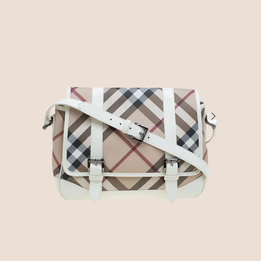 BURBERRY BEIGE & WHITE NOVA CHECK PVC MESSENGER BAG