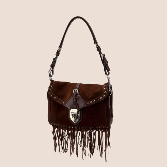 PRADA 2000 BROWN SUEDE WHIPSTITCH FRINGE BAG
