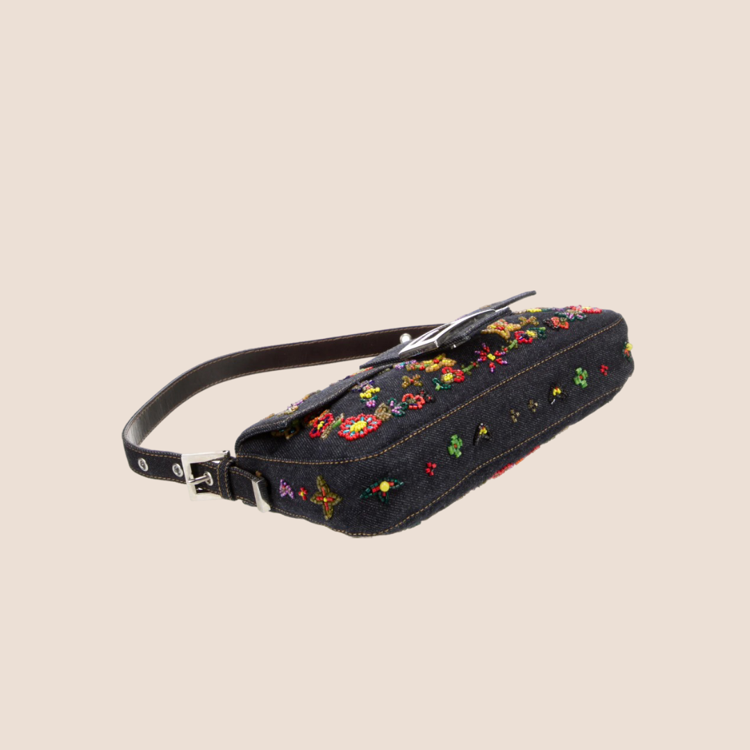 FENDI FLORAL EMBROIDERED DENIM BAGUETTE BAG