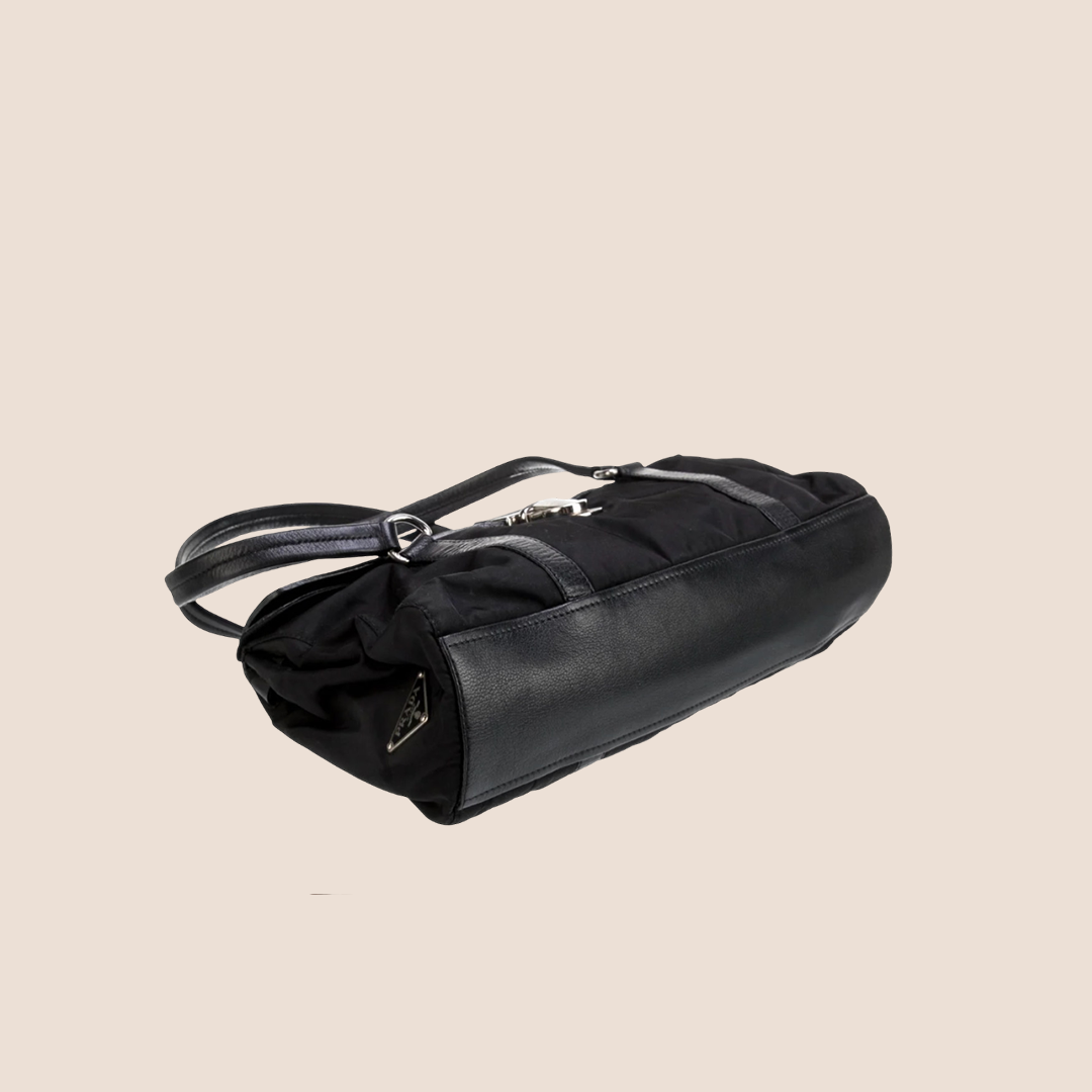 PRADA BLACK NYLON & LEATHER FLAP BAG