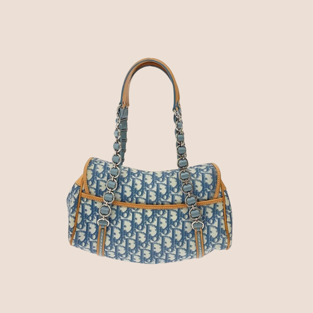 CHRISTIAN DIOR 2007 BLUE & TAN ROMANTIQUE TROTTER HANDBAG