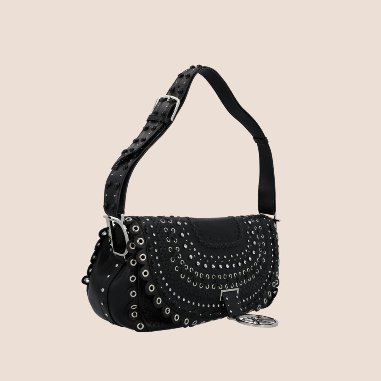 CHRISTIAN DIOR BLACK STUDDED CRYSTAL PEACE LOGO SHOULDER BAG
