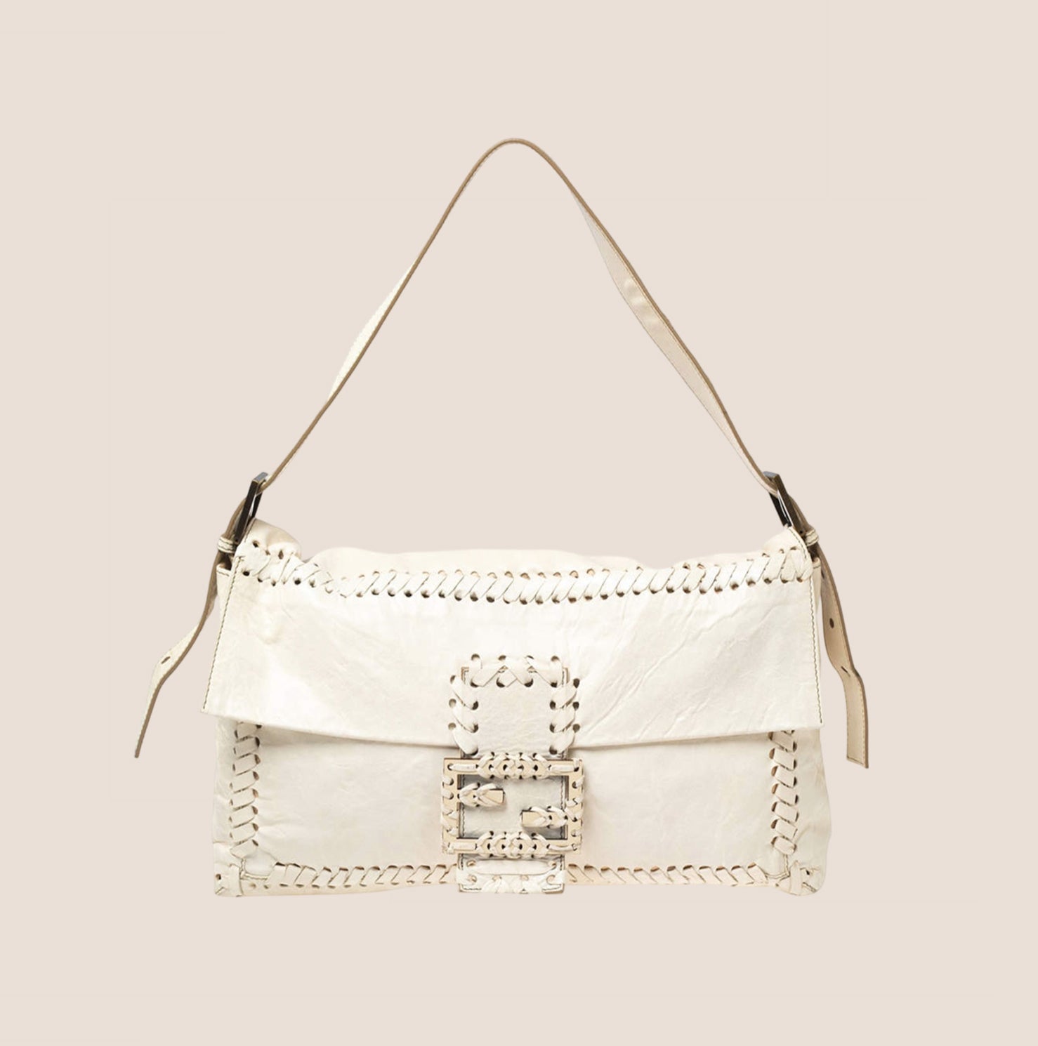 FENDI WHITE LEATHER WHIPSTITCH JUMBO BAGUETTE BAG – RDB
