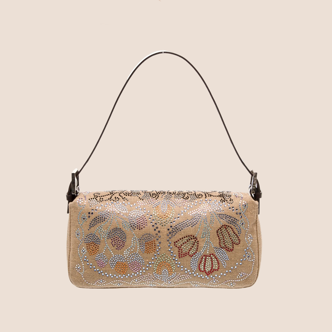 FENDI 2008 LINEN CRYSTAL FLORAL BAGUETTE BAG