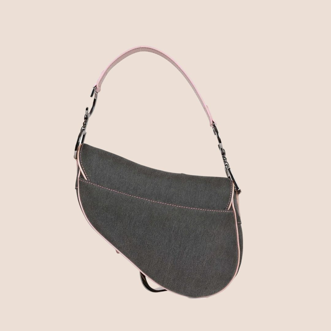 CHRISTIAN DIOR GREY DENIM & PINK SADDLE BAG