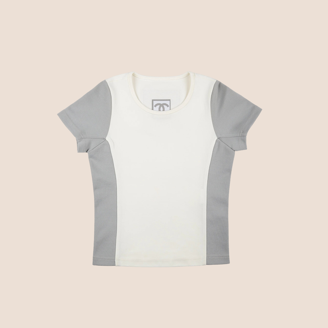 CHANEL SPRING 2001 WHITE & GREY CC LOGO T-SHIRT
