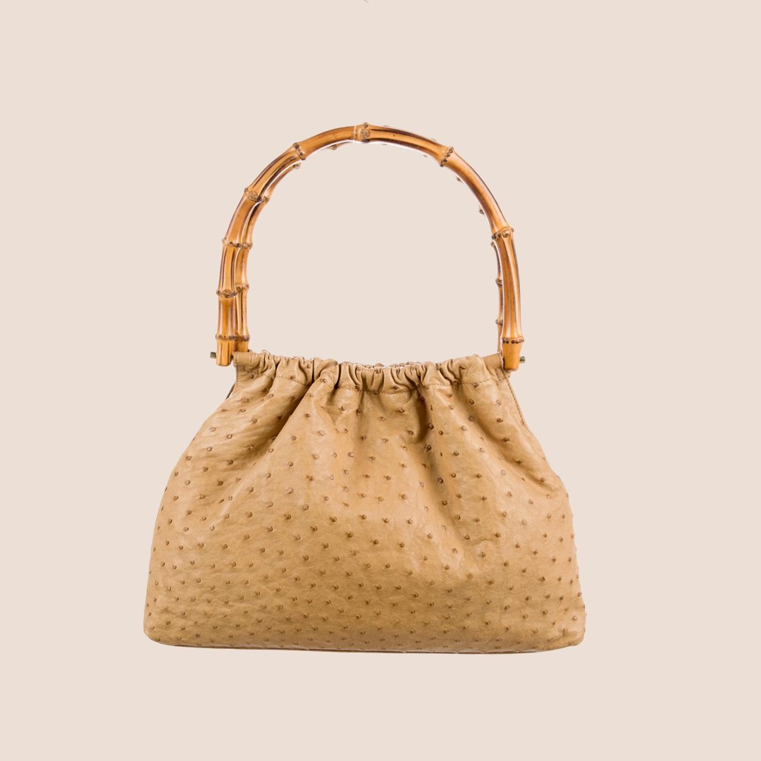 GUCCI CREAM OSTRICH BAMBOO HANDLE BAG