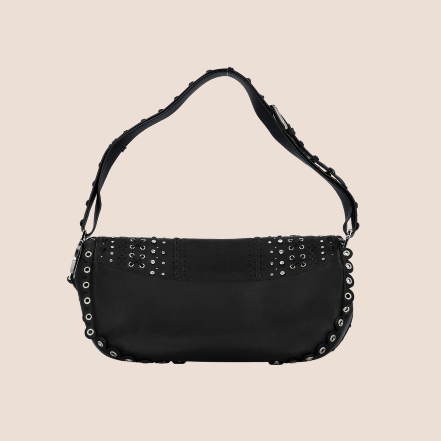 CHRISTIAN DIOR BLACK STUDDED CRYSTAL PEACE LOGO SHOULDER BAG