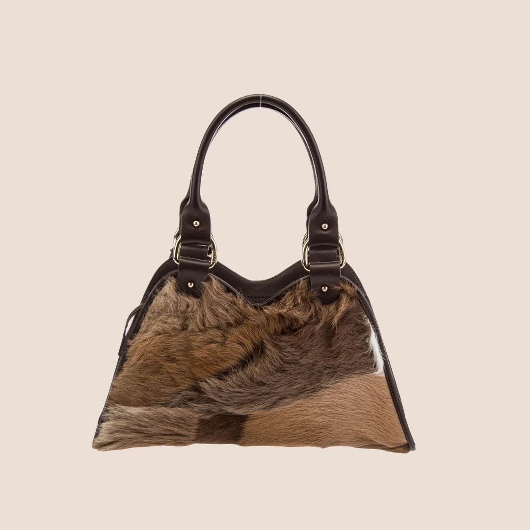 FENDI 2003 BROWN FUR DEVIL TRAPEZIO TOTE BAG