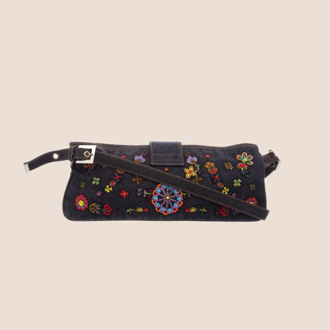 FENDI 2000s FLORAL EMBROIDERED DENIM SHOULDER BAG