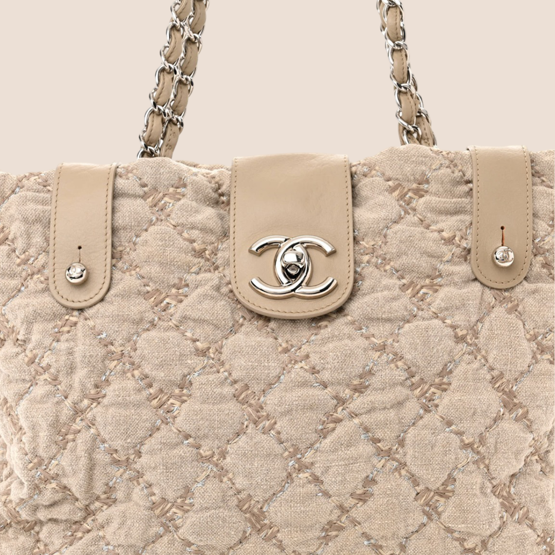 CHANEL BEIGE TWEED STITCH SHOPPING TOTE BAG