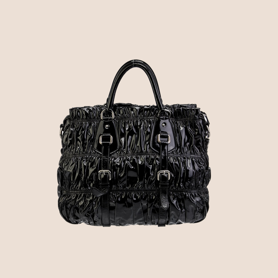 PRADA BLACK VERNICE GAUFRE TOTE BAG