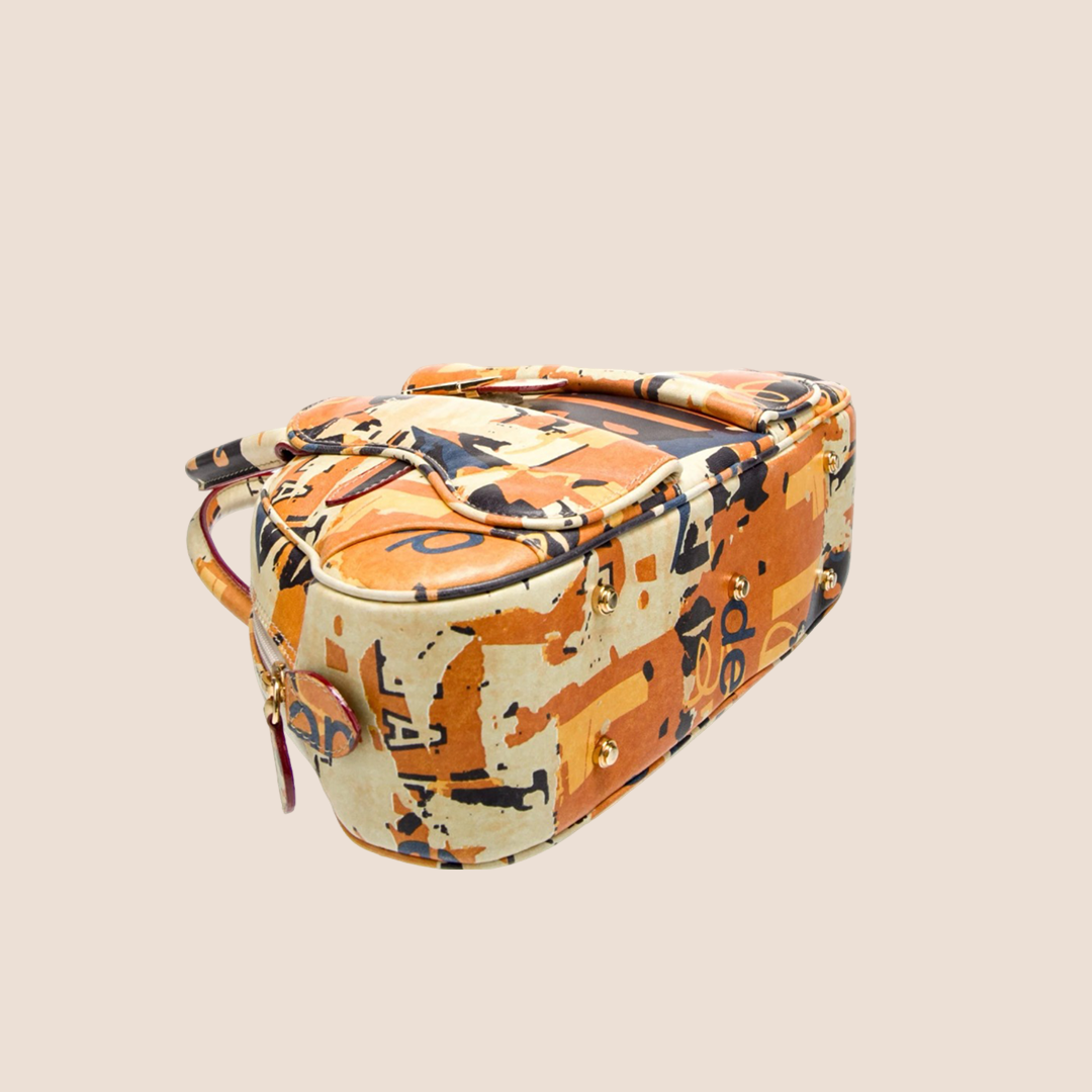 CHRISTIAN DIOR 2001 ORANGE PRINTED DOUBLE SADDLE BOWLER BAG