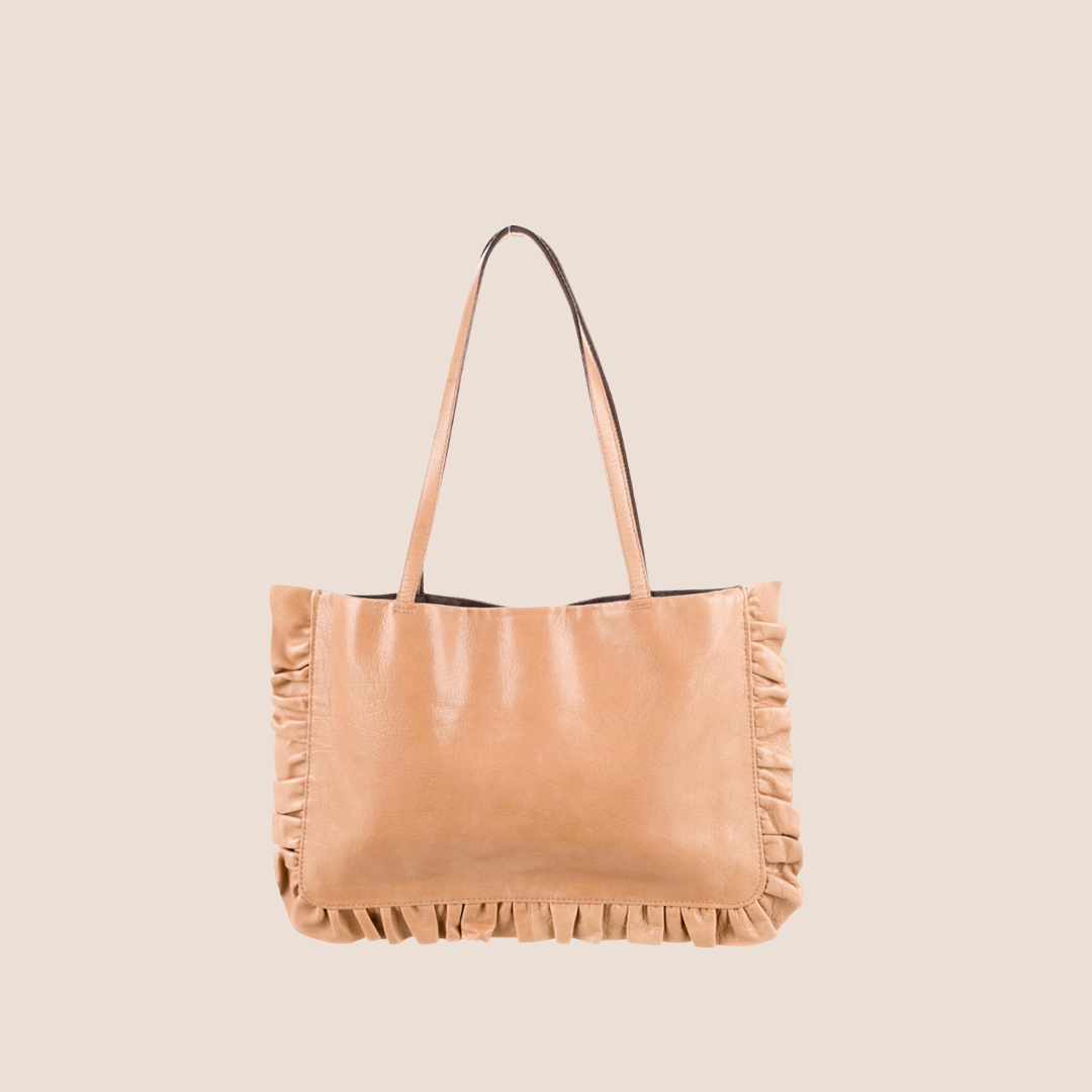 MIU MIU 2000 BEIGE LEATHER RUFFLE TOTE BAG