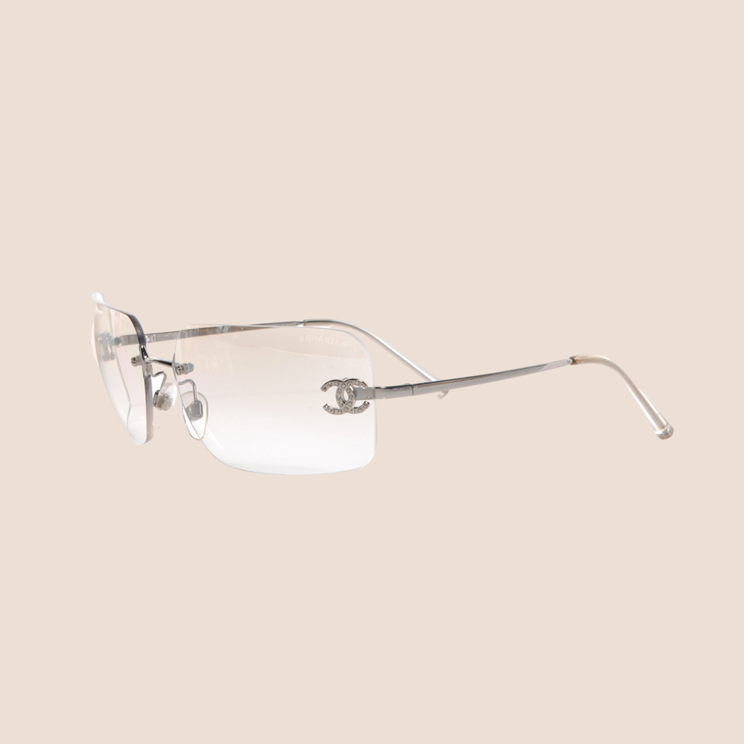 CHANEL CC CRYSTAL LOGO RIMLESS CLEAR SUNGLASSES