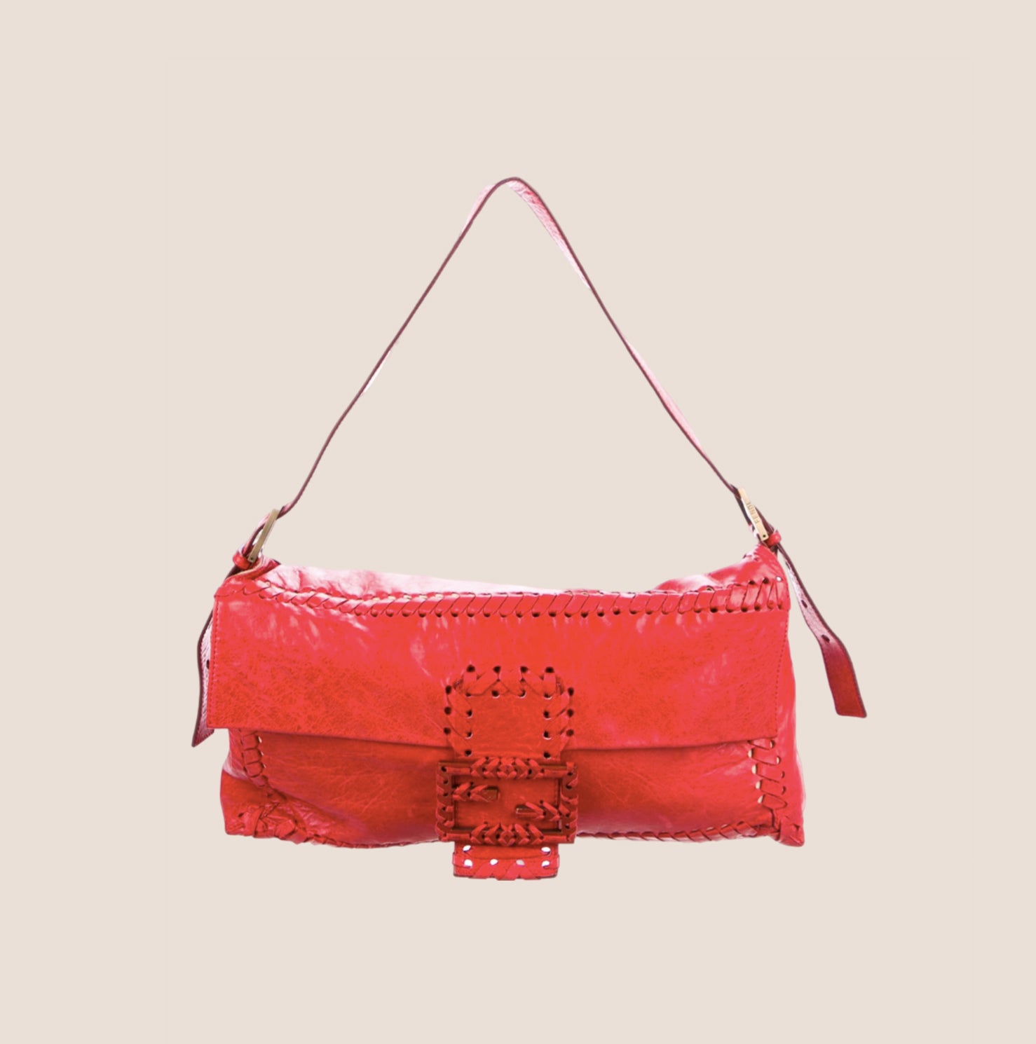 FENDI 2009 RED LEATHER STITCHED JUMBO BAGUETTE BAG – RDB
