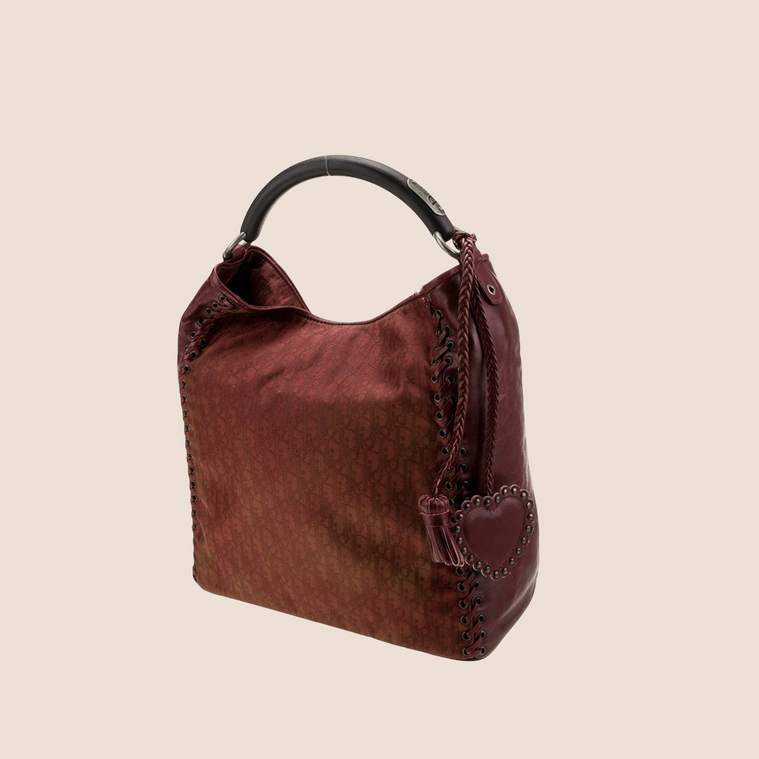 CHRISTIAN DIOR BURGUNDY OBLIQUE ETHNIC HOBO BAG