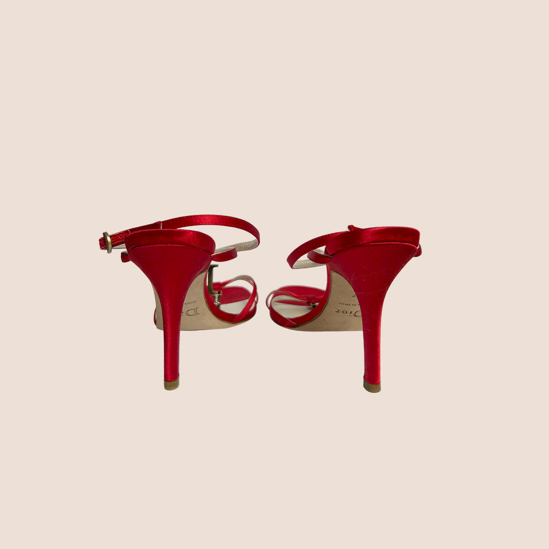 CHRISTIAN DIOR RED SATIN PEARL CHAIN STRAP SANDALS