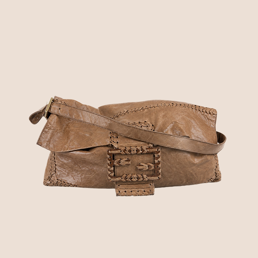FENDI 2009 BROWN LEATHER WHIPSTITCH JUMBO BAGUETTE BAG – RDB