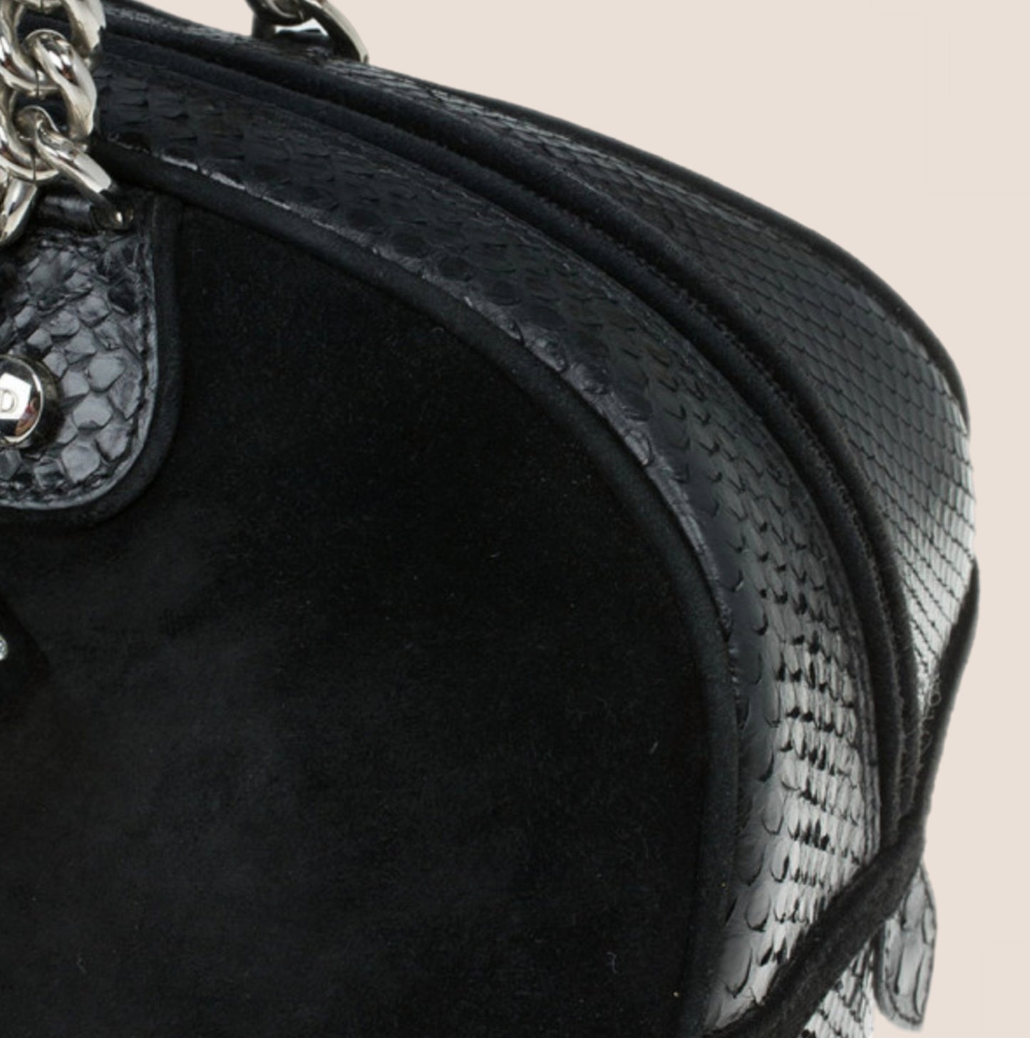 CHRISTIAN DIOR 2004 PYTHON TRIMMED BLACK SUEDE GAMBLER DICE BOWLER BAG