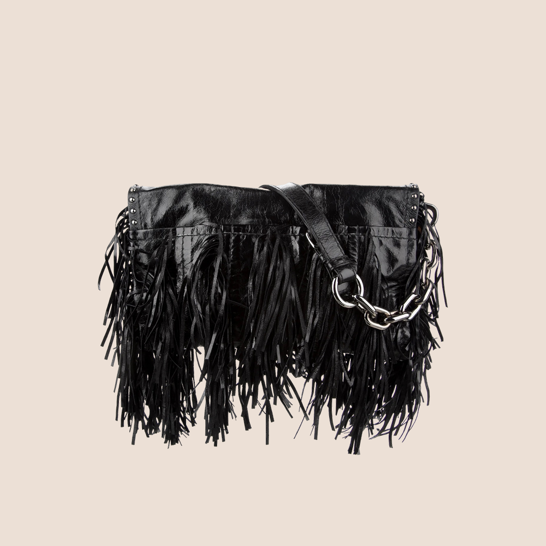 PRADA 2000 BLACK LEATHER FRINGE SHOULDER BAG
