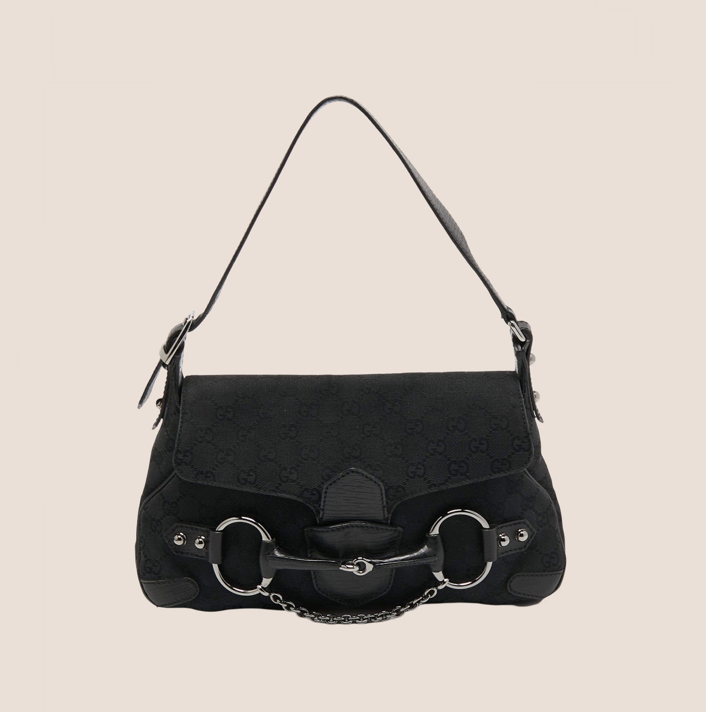 GUCCI BLACK GG MONOGRAM CANVAS HORSEBIT SHOULDER BAG