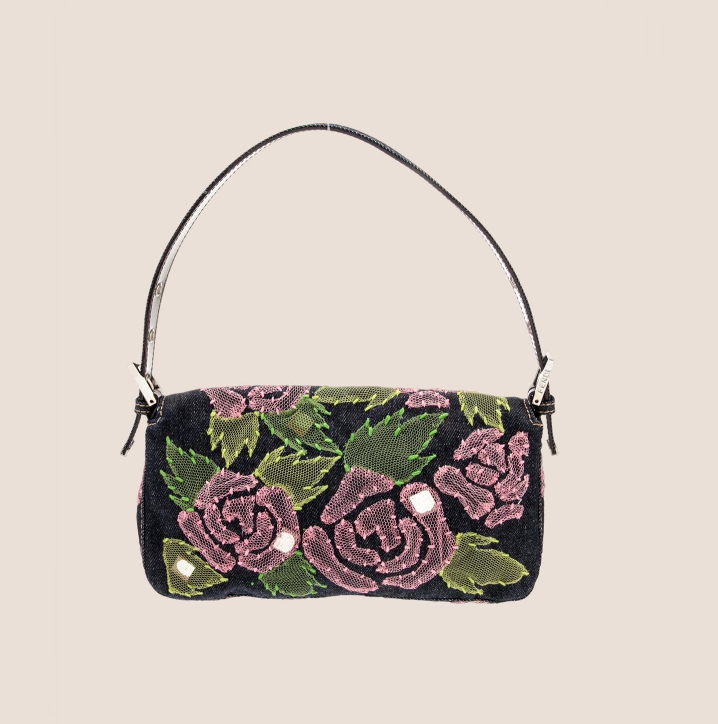 FENDI DENIM FLORAL EMBELLISHED BAGUETTE BAG